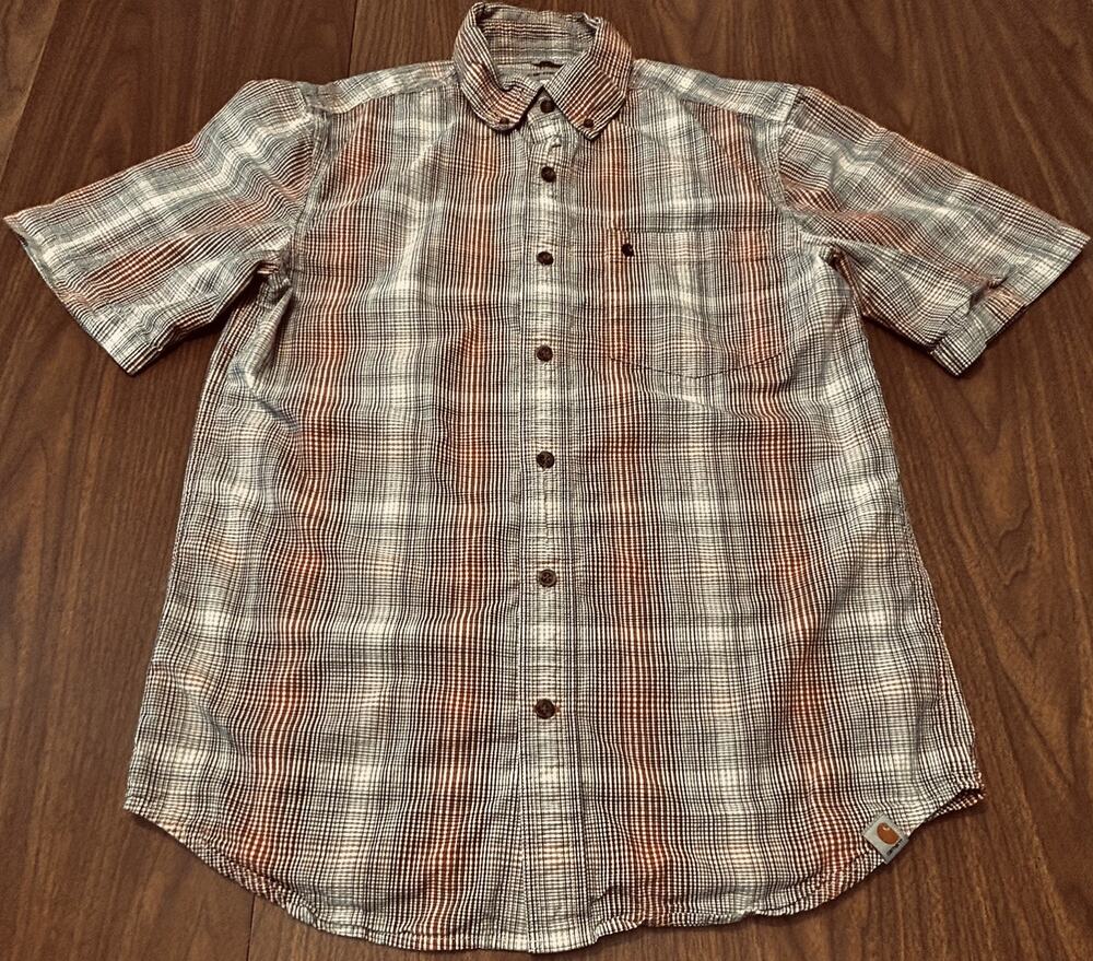 Carhartt Brown/Orange/White Plaid Button-Down Short-Sleeve Shirt - Men’s M